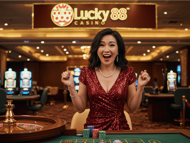 Woman celebrates casino win after hitting lucky88 on roulette