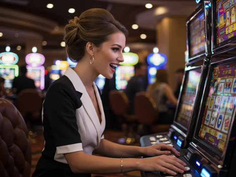 An elegant woman seated confidently at a blackjack table, relying on a trusted blackjack guide.