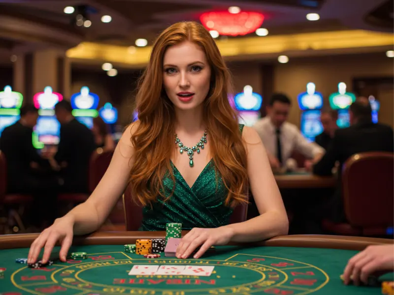 A confident woman smiling at a blackjack table, representing the concept of Lady Luck and a smart blackjack guide.