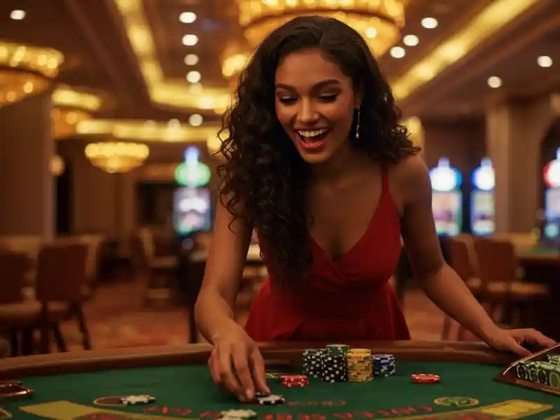 cheerful lady winning big at online casino while using bwenas99 login, celebrating with cards and roulette