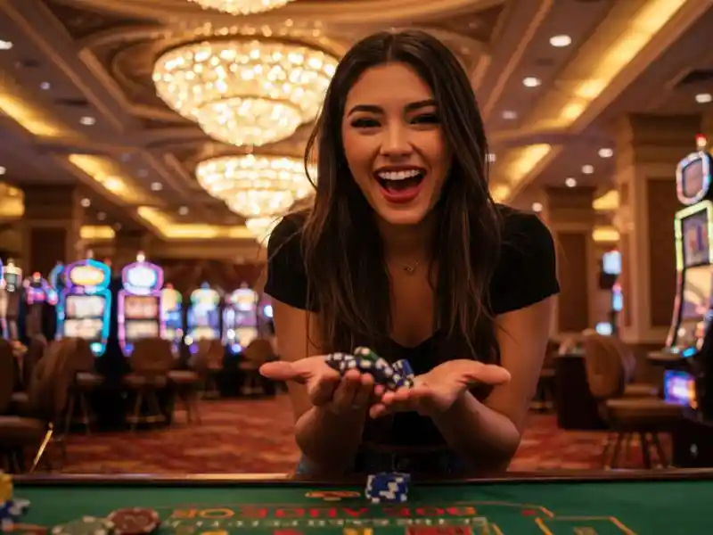 glamorous woman playing roulette, slots, and cards online at bwenas99 login platform, enjoying casino games