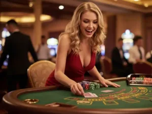 sexy woman enjoying her casino moments while accessing bwenas99 login, holding cards and smiling