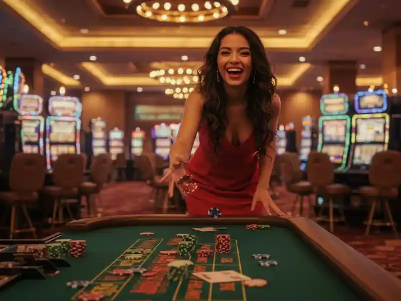 bwenas luckyspin casino night woman betting on slot machines with excitement and joy