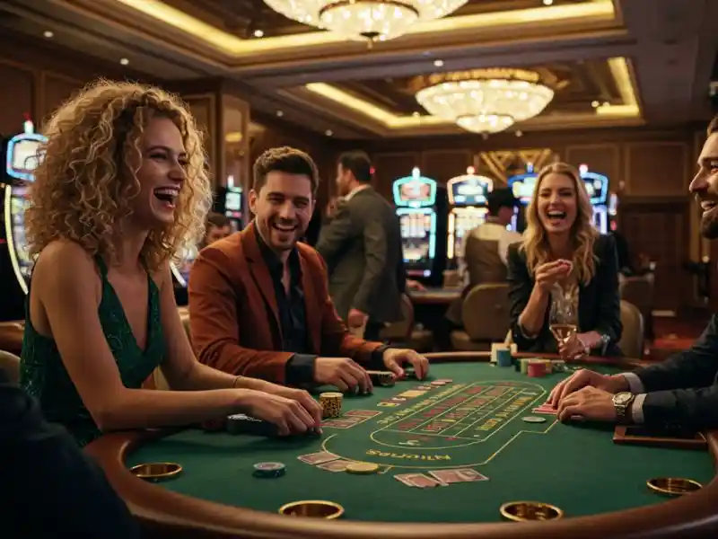 group of friends having a happy casino night playing blackjack with smiles and excitement at bwenas luckyspin