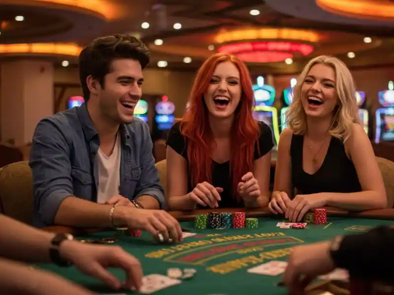 friends having fun playing poker and casino games together at bwenas luckyspin platform