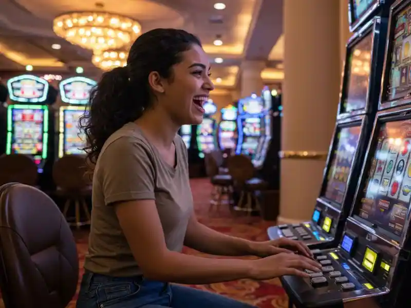 stunning female gamer enjoying casino games with excitement at gel-pagcorph online platform, holding cards and smiling