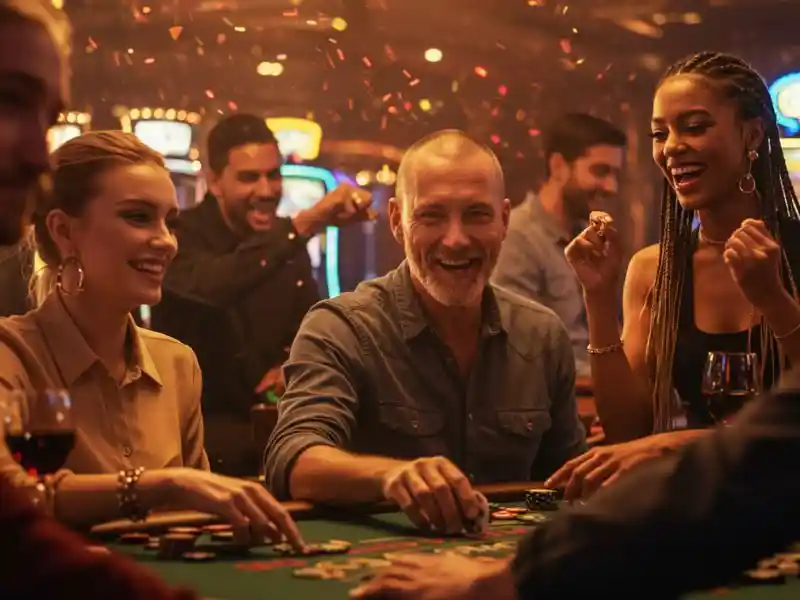 group of friends having fun playing casino cards at winfinity money games platform