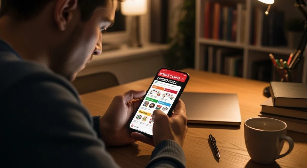 acewin casino games person studying mobile casino guide intently buenas casino