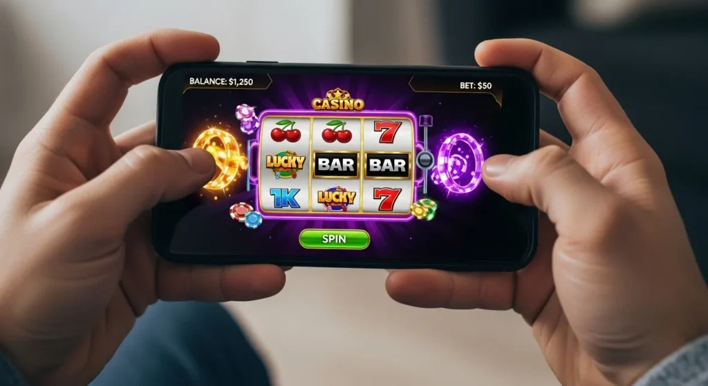 bwenas mobile casino hand holding phone showing online casino gameplay