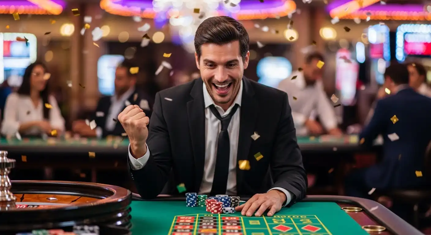 bwenas mobile casino man cheering while playing casino roulette