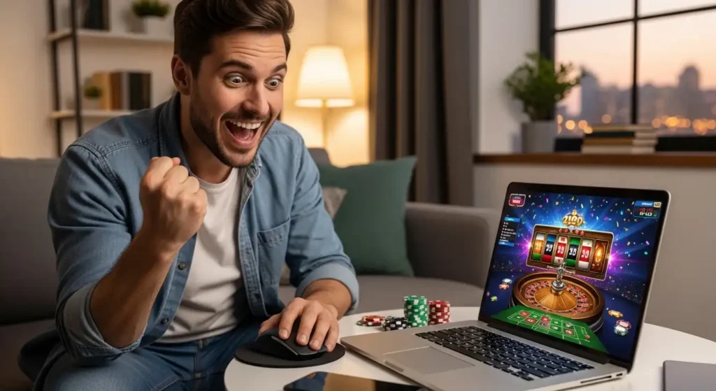 gamex online casino person celebrating win while playing casino online buenas casino