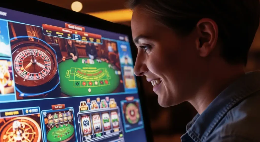 gamex online casino player smiling at bright online casino screen buenas casino