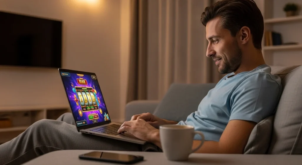 gaming casino games man playing online casino game on his sofa buenas casino