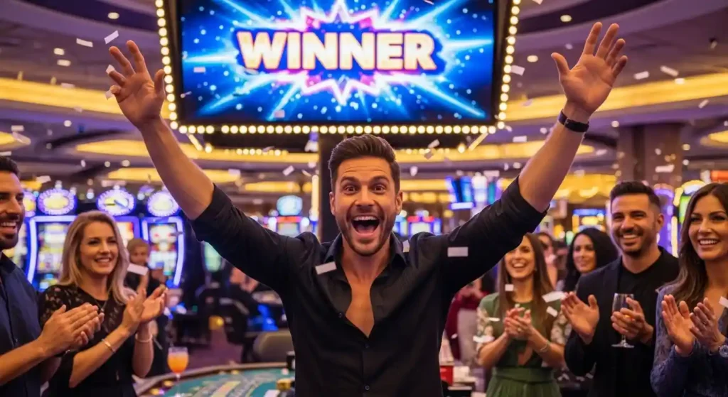 lucky cola online casino player celebrates win buenas casino