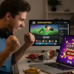mega sports world live sports player celebrating win while using laptop casino buenas casino