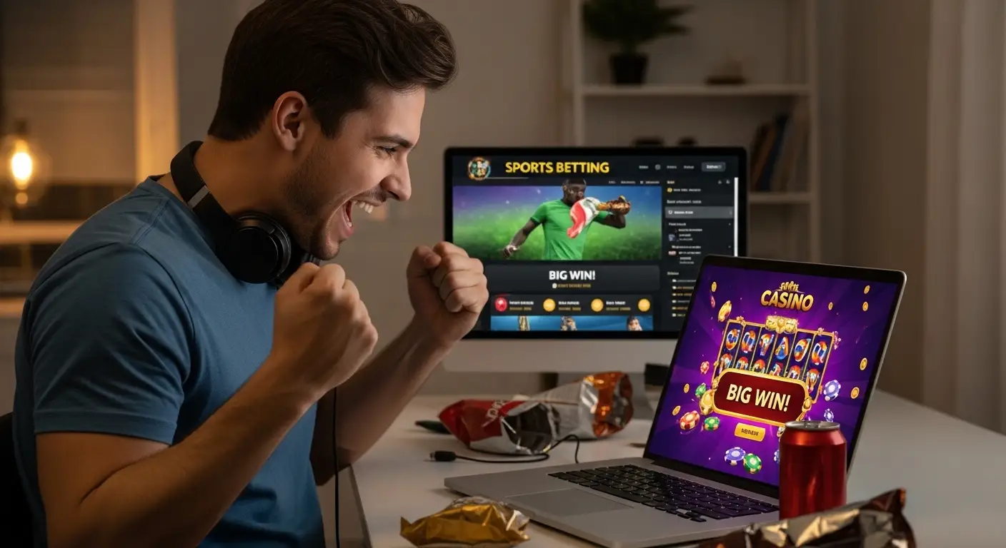 mega sports world live sports player celebrating win while using laptop casino buenas casino