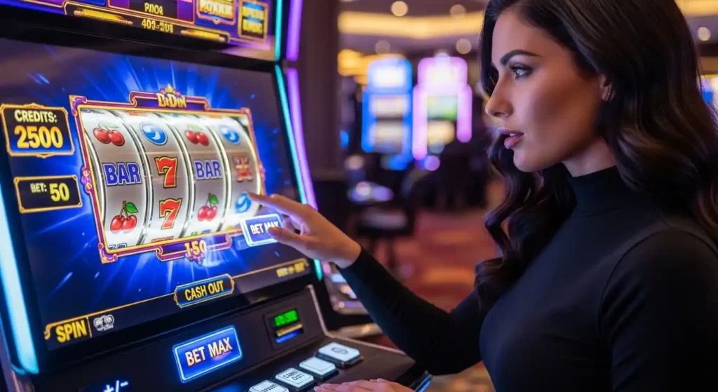 mega sports world live sports woman gambler placing bets on digital slot machine buenas casino