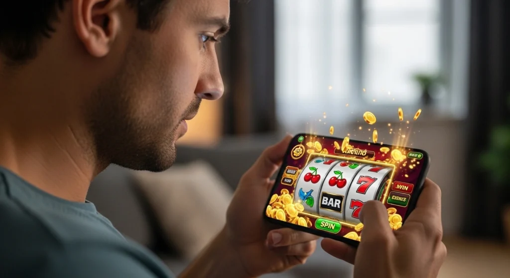 phlove online casino man playing casino slot game on phone buenas casino