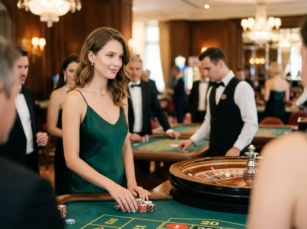 Elegant young lady enjoying ace casino slots beside a roulette table inside a vibrant land-based casino.