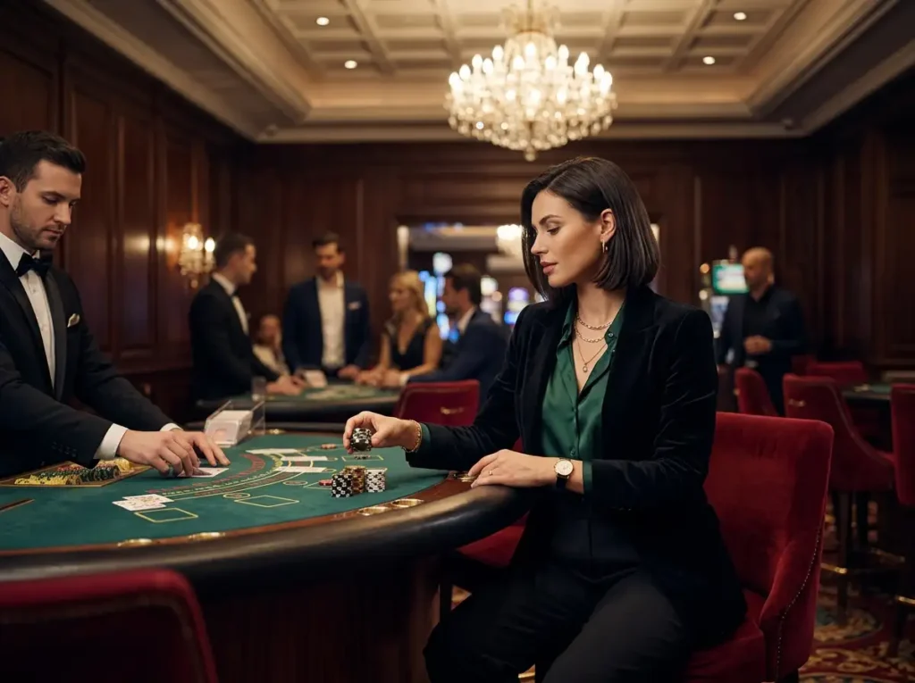 Stylish female gambler enjoying ace casino slots inside a luxury casino.
