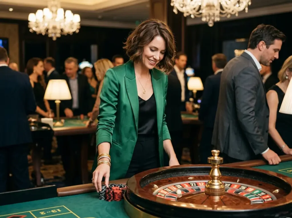 Stylish woman placing bets at a roulette wheel inside an ace casino slots venue