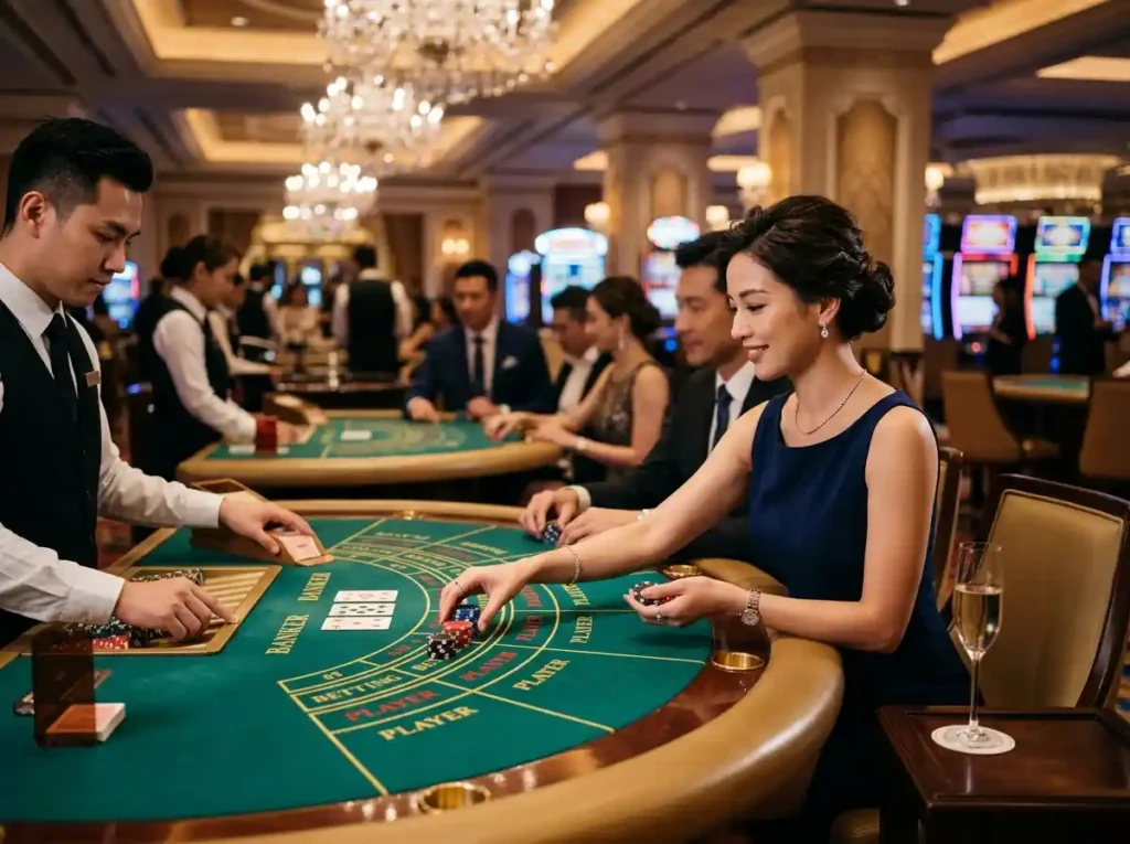 Elegant female player enjoying a game at an ace ph casino table during a lively night inside a real casino