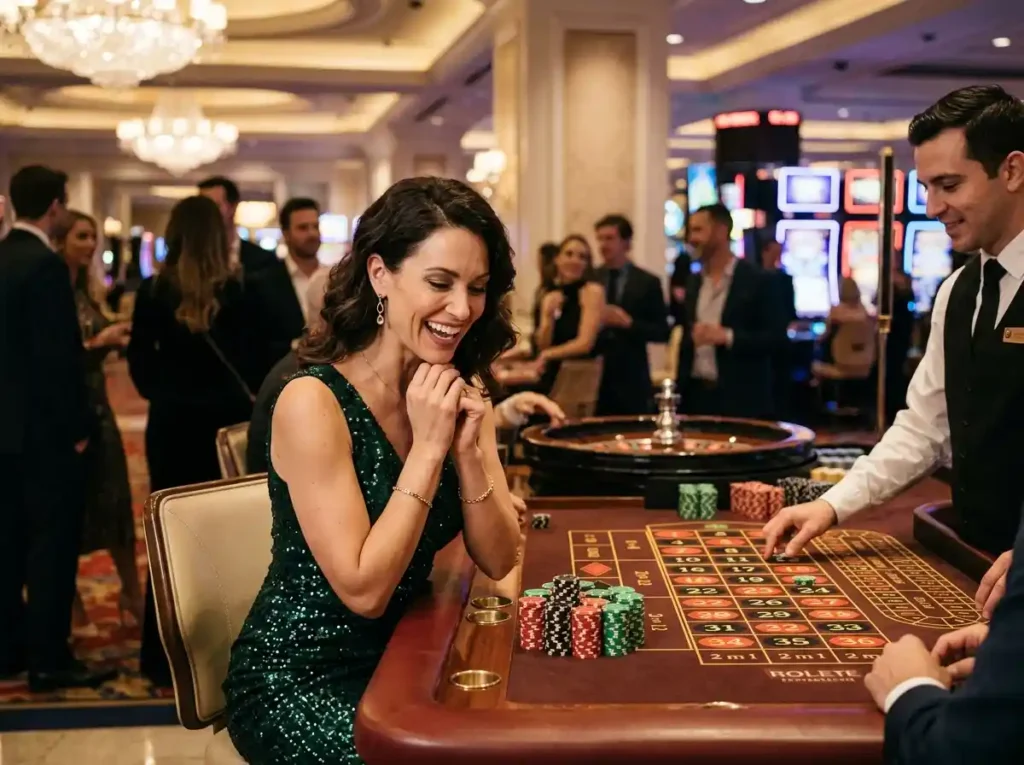 Elegant woman celebrating a big win at ace ph casino inside a lively gaming floor