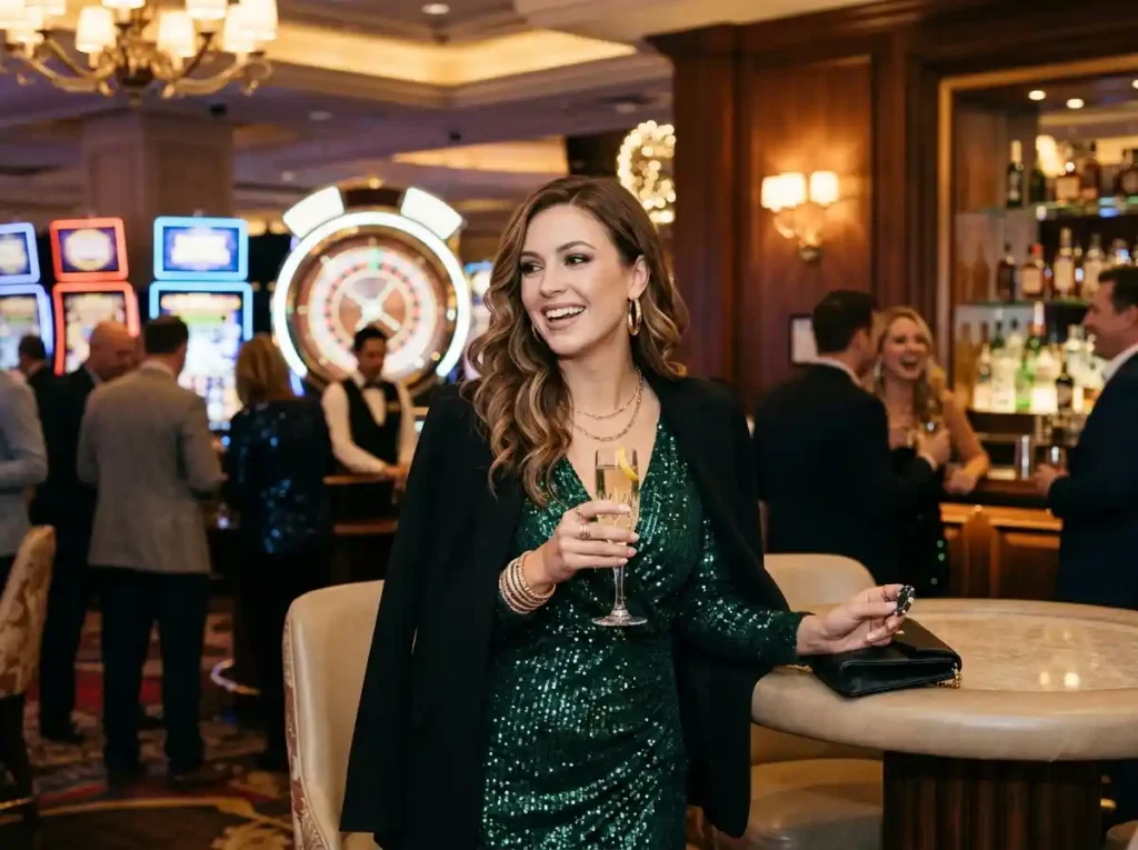 Fashionable woman enjoying a lively gaming moment inside Ace PH Casino