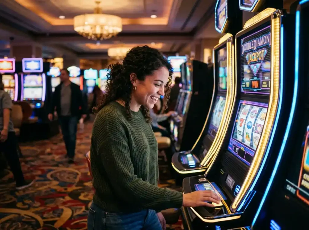 Ace super 777 casino slot machine session showing a young woman playing slots inside a lively casino floor, focused on the glowing machine screen.