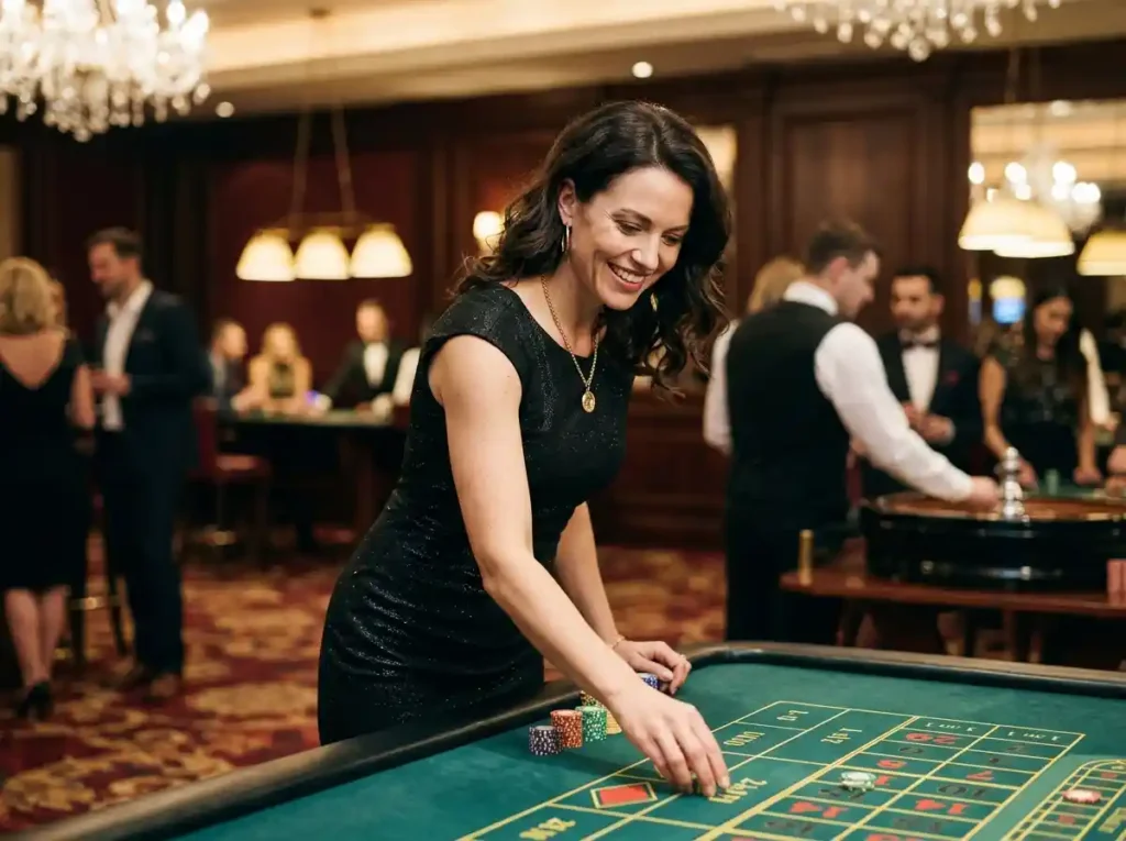 Elegant casino night with a woman enjoying table games inside a real casino floor, featuring an ace super 777 themed atmosphere.