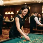 Elegant casino night with a woman enjoying table games inside a real casino floor, featuring an ace super 777 themed atmosphere.