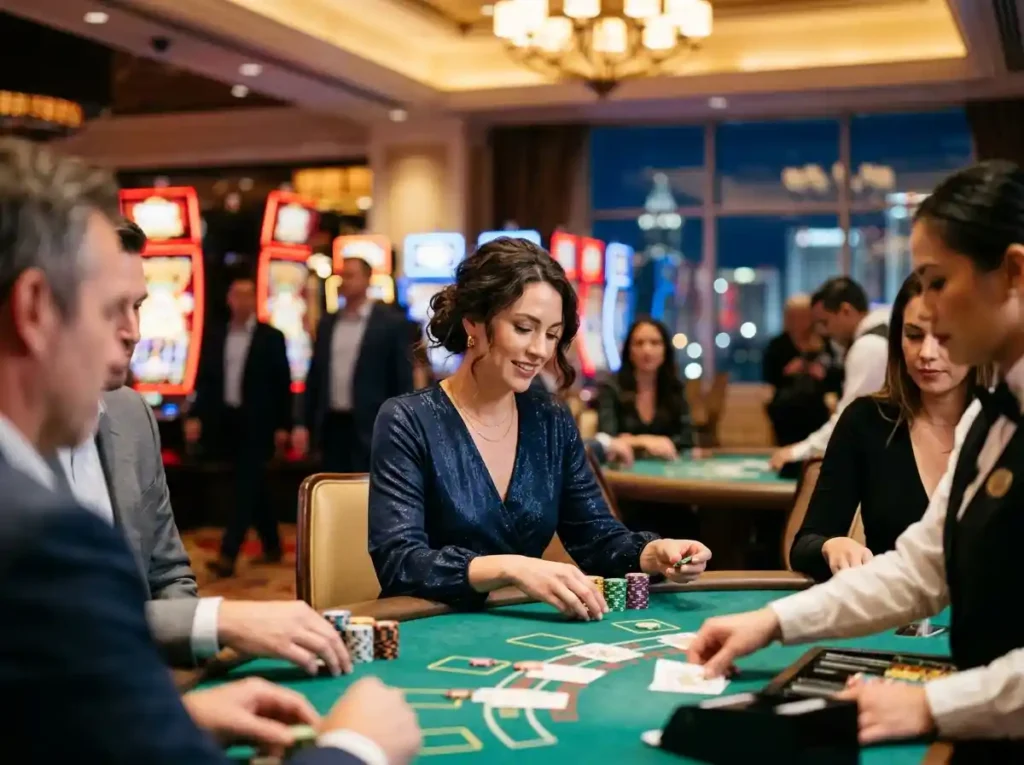 ace super 777 elegant lady player sitting at a casino table inside a live casino, enjoying a game at night