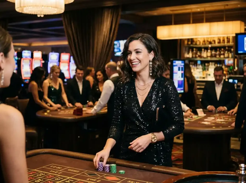 Fashionable lady inside a casino entertainment scene with ace super 777 atmosphere enjoying the vibrant gaming environment.