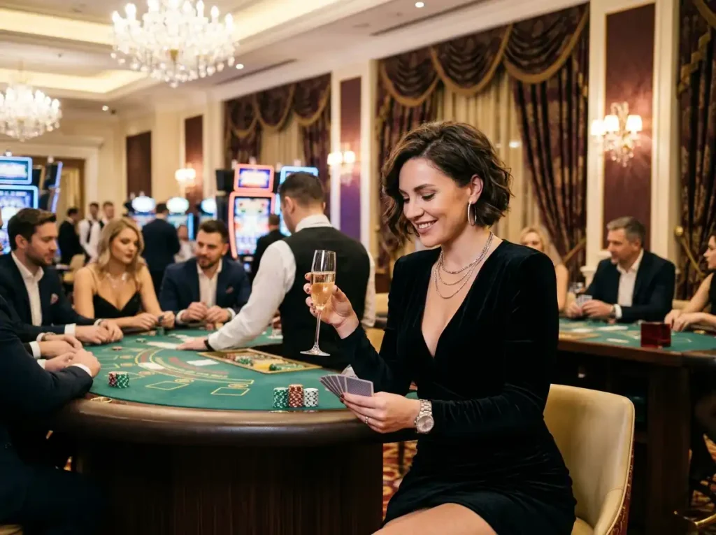 Fashionable female player enjoying slot machines inside a casino while managing her ace888 account