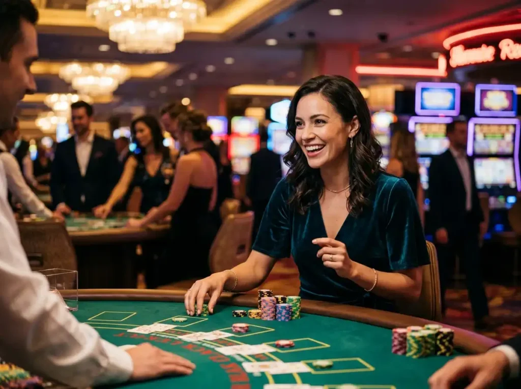 Elegant lady enjoying a lively casino night while using her ace888 account at a gaming table.