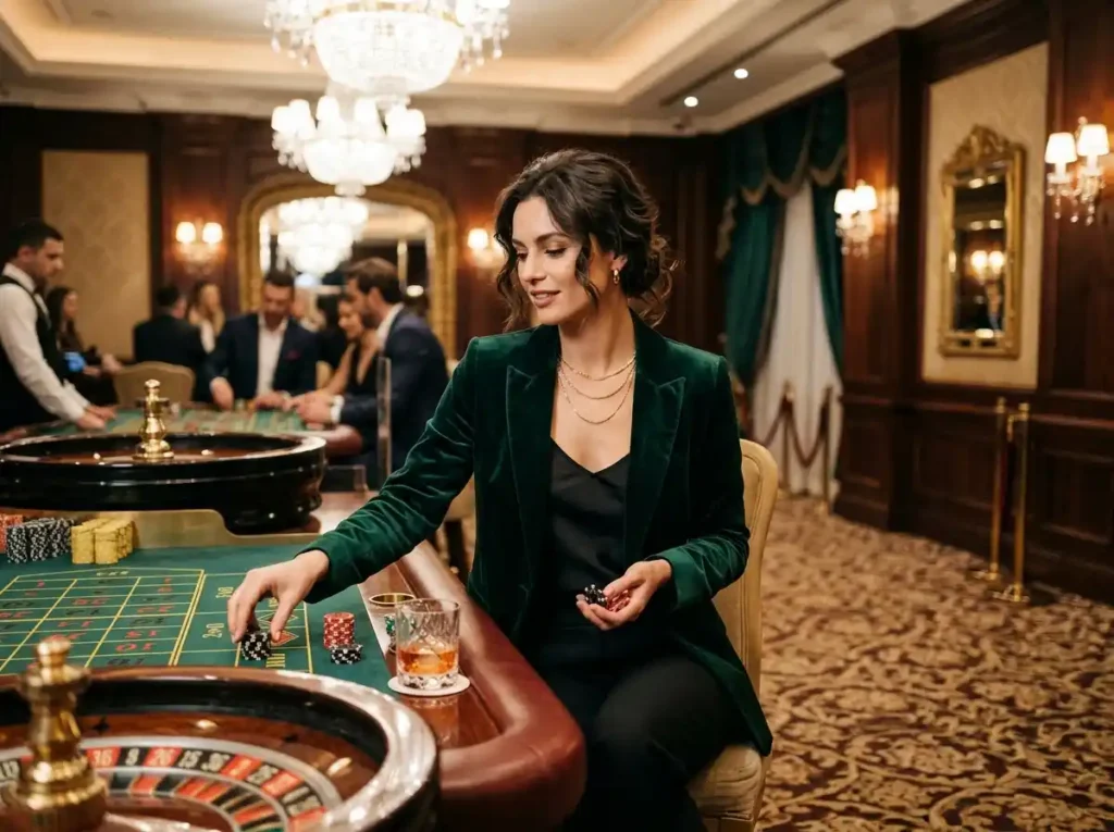 ace888 account – Stylish lady gambler enjoying a luxury casino floor, playing at a table inside a real casino setting