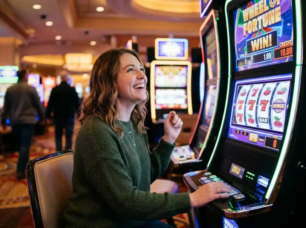Attractive female player enjoying a slot machine session at a casino, experiencing the excitement of ace888 online gaming