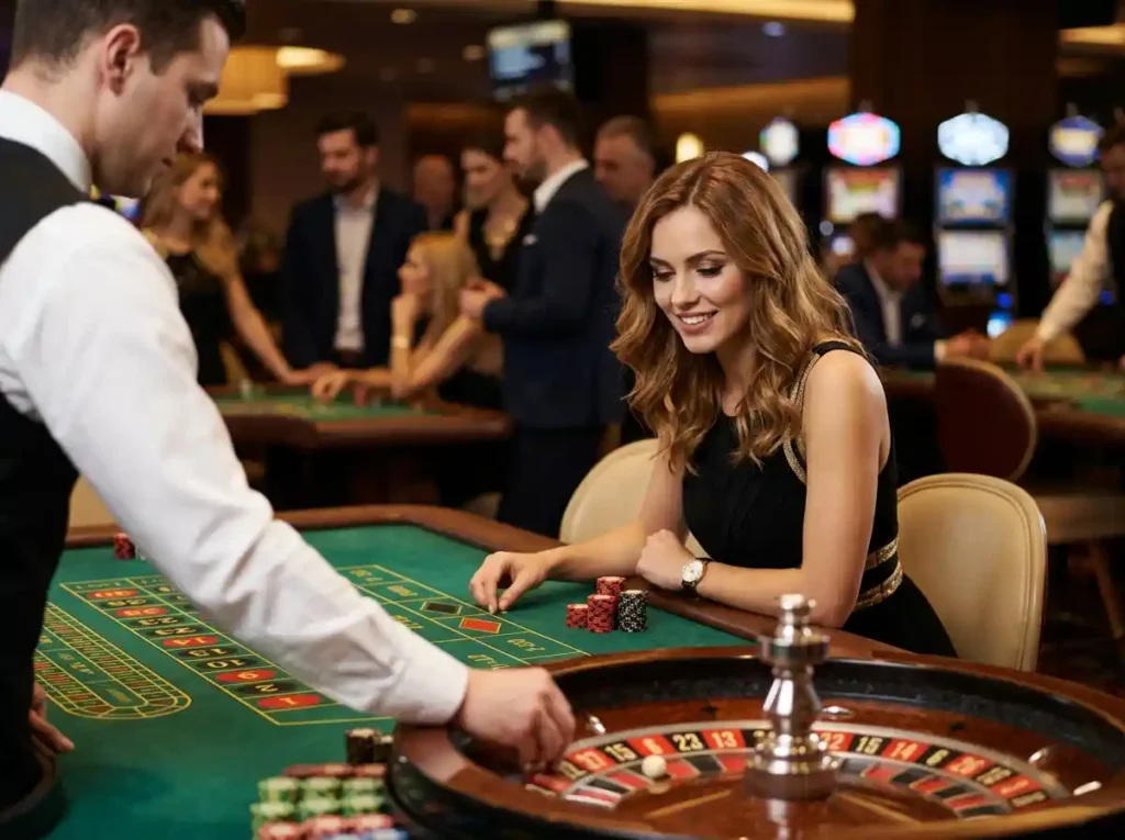 Beautiful lady trying her luck at a casino table while enjoying the excitement of ace888 online gaming