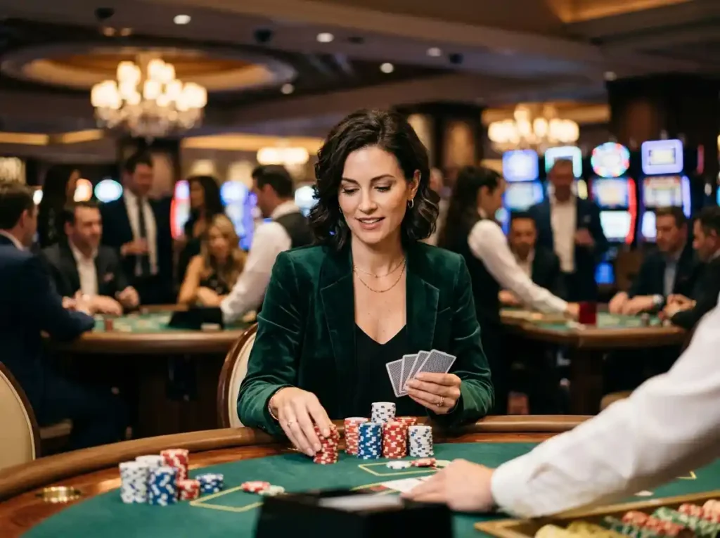 Female player enjoying cards and chips at a casino table, representing the ace888 online gaming experience