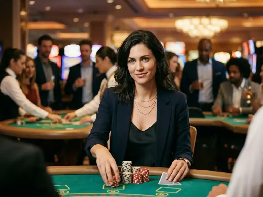 Ace888 online themed lifestyle image of a woman playing cards with casino chips at a gaming table inside a real casino