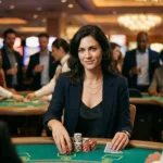 Ace888 online themed lifestyle image of a woman playing cards with casino chips at a gaming table inside a real casino
