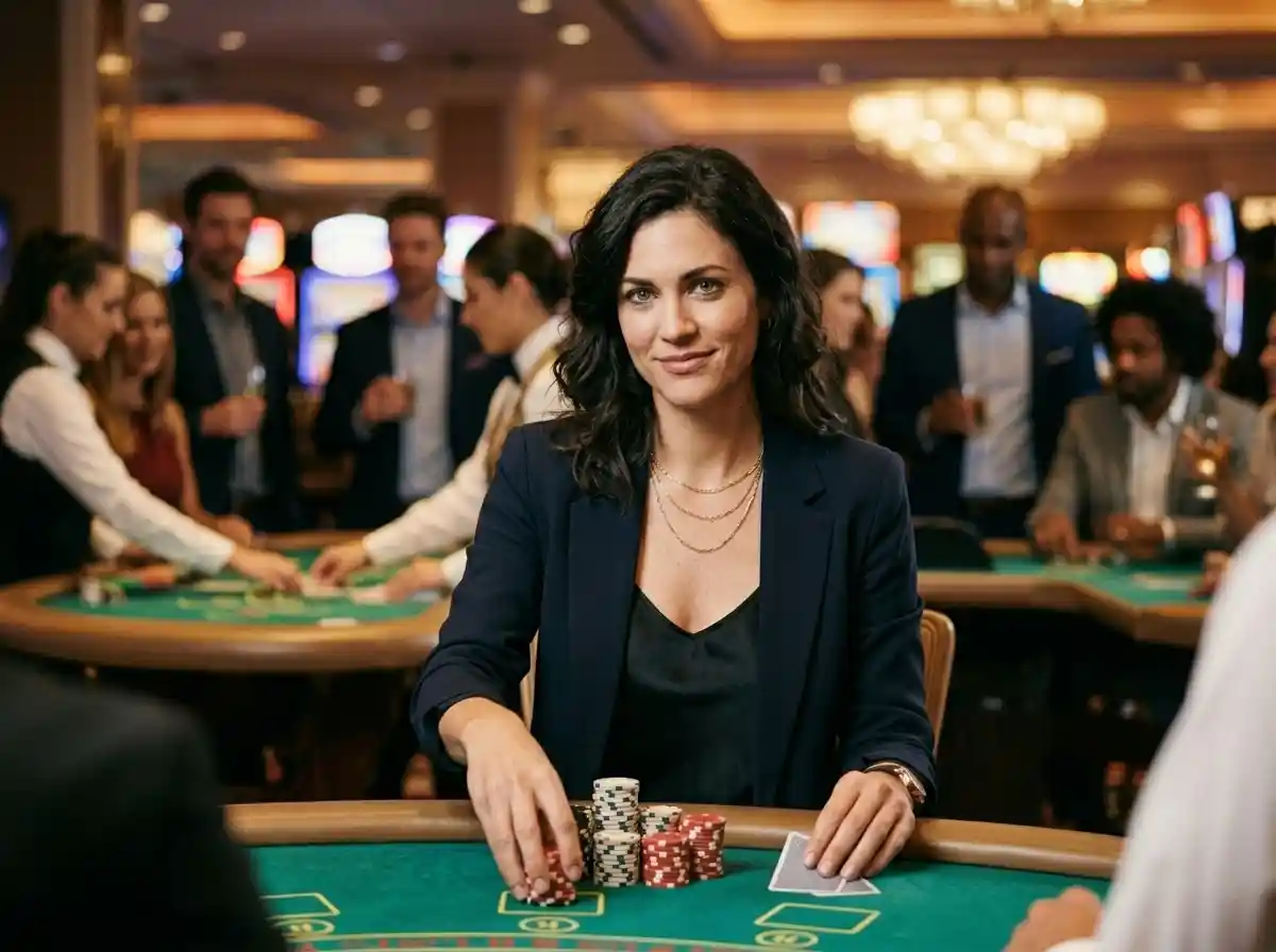 Ace888 online themed lifestyle image of a woman playing cards with casino chips at a gaming table inside a real casino