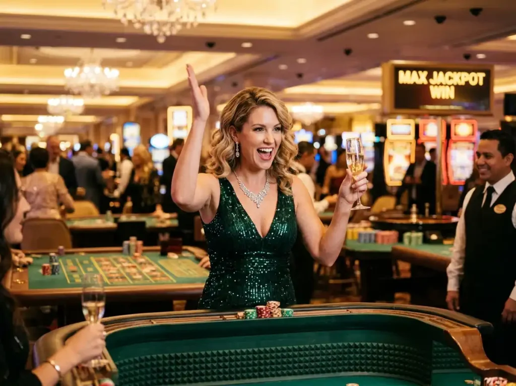 aceph11 rtp glamorous casino player celebrating win inside a casino floor with bright lights and gaming tables