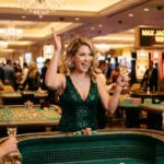 aceph11 rtp glamorous casino player celebrating win inside a casino floor with bright lights and gaming tables
