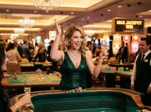 aceph11 rtp glamorous casino player celebrating win inside a casino floor with bright lights and gaming tables