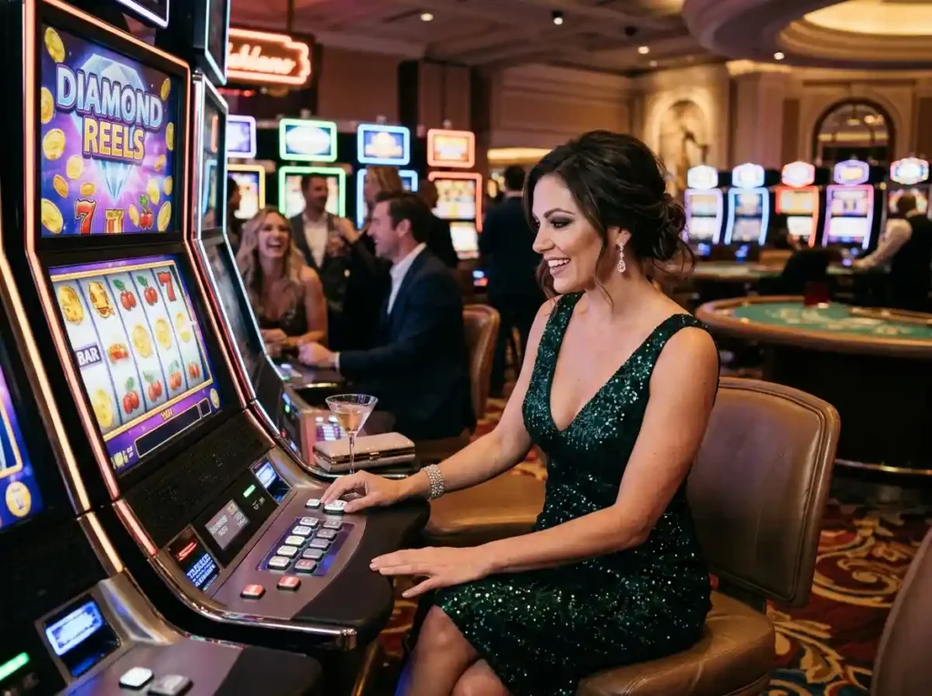 Aceph11 RTP glamorous woman playing slot machine inside a lively casino floor, enjoying a gaming session