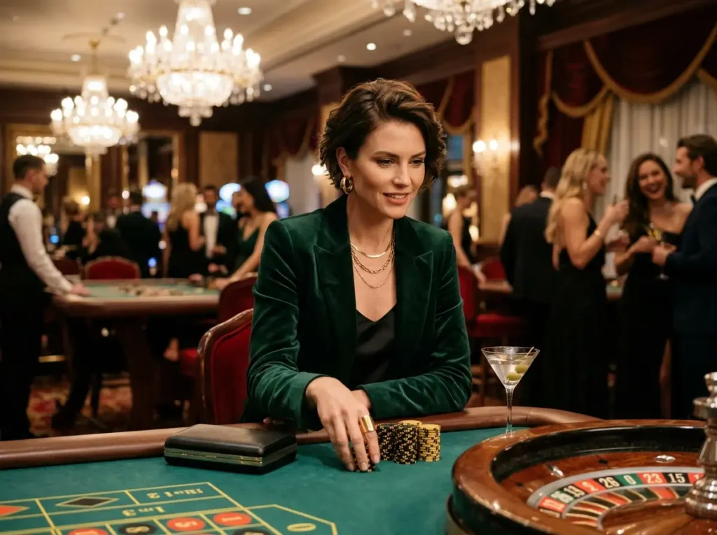 aceph11 rtp stylish female player enjoying a game inside a luxury casino floor