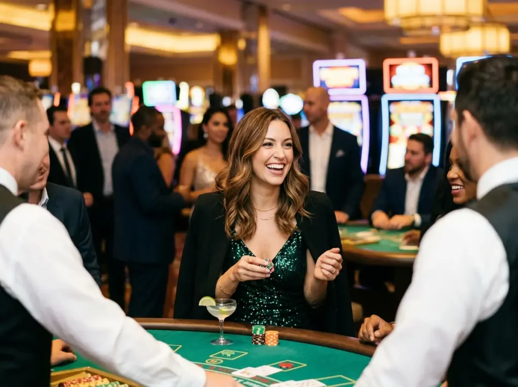 aceph11 rtp – young woman enjoying a lively casino night inside a real casino floor, smiling while playing slot machines under bright lights