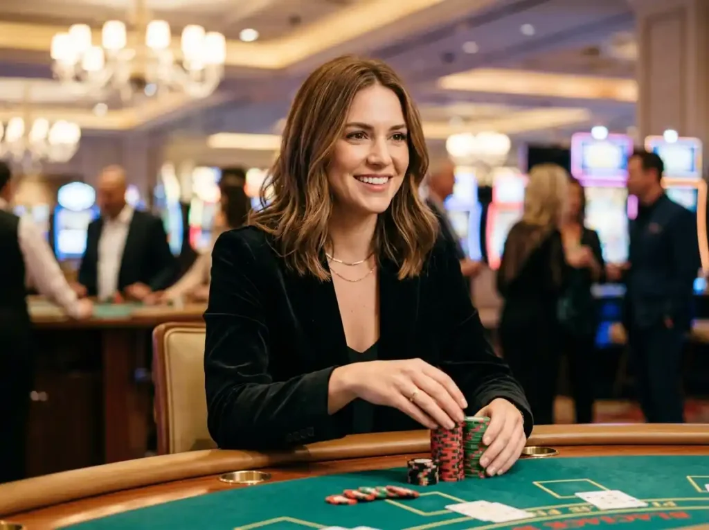 cczz casino link – Beautiful woman holding casino chips while sitting at a poker table inside a real casino setting