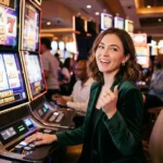 cczz casino link confident young woman playing slot machines inside a casino floor